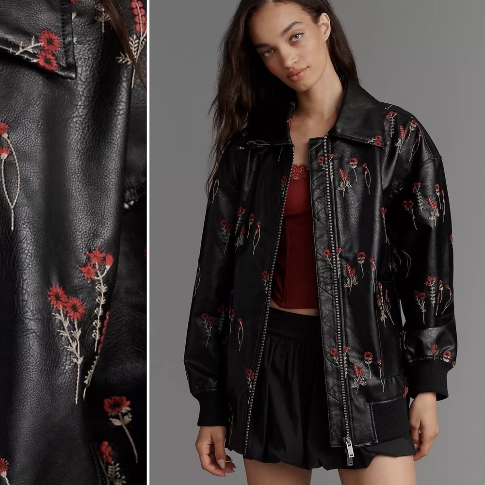 NWT Maeve Anthropologie Bomber Vegan Leather Jacket M Floral Embroidered Black